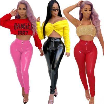 China Customized Anti-Static Skinny Leather Women's High Waist Zipper Pants Pencil Pants Solid Color Trousers for sale