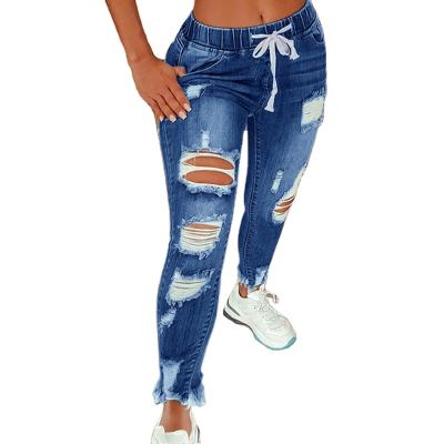 China Sustainable Women's Jeans Slim Slimming Holes Europe And America Plus Size Custom Jeans Pants for sale