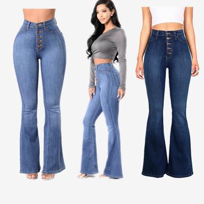 China Sustainable Womens Jeans Fashion Hot Sale High Waist Buttoned Wide Leg Flared Jeans OEM for sale