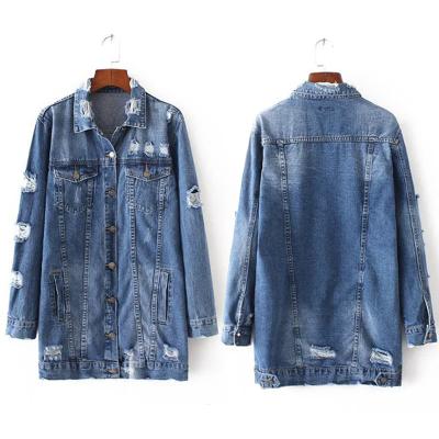 China QUICK DRY custom hot sale women's denim jacket with ripped holes design fringed denim women's ladies jackets and coats for sale