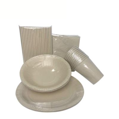 China Custom Printed Bamboo Eco Friendly Disposable Bulk Paper Plates Cups Sets For Dinner for sale