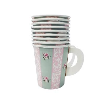 China Custom Printing Disposable Mixed Color Fan Drinkware Disposable Paper Cups With Handle for sale