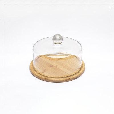 China Sustainable Wooden Round Cake Stand Dish With Dome Serving Tray Glass Cake Tray Creative Food Trays For Party Wedding for sale