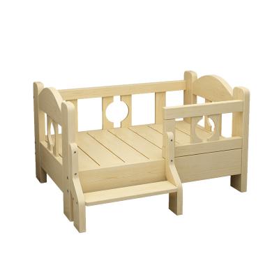 China Pine Living Bed Wooden Pet Cribs With Stair Steps for sale