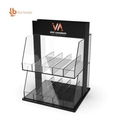 China Fashion Style OEM 2 Compartments PMMA Condom Display Rack Acrylic Condom Dispenser With Lock for sale