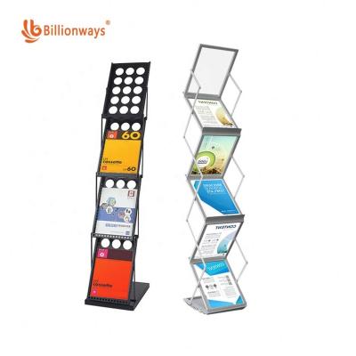 China Fashion Folding Exhibition Bookcase A4 Metal Brochure Catalog Literature Newspaper Magazine Rack Aluminum Steel for sale