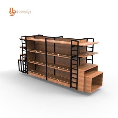 China Cheap&Popular Modern Double Sided Retail Store Display Rack Furniture Gondola Shelf &Supermarket Wooden Shelf for sale