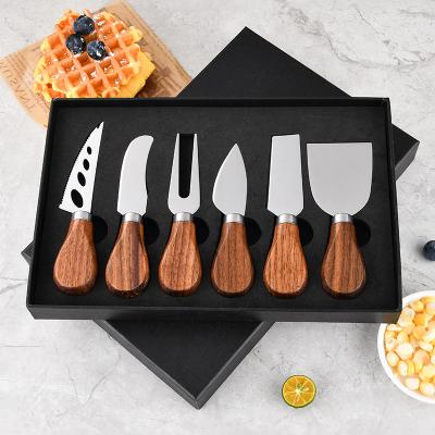 China Sustainable 6 Pcs Cheese Knife Set With Walnut Wood Handle Cheese Slicer Stainless Steel Cheese Cutter for sale