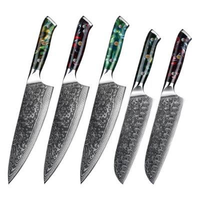 China Viable Hot Product Japanese Damascus Salmon Sashimi Knife Kitchen Cooking Chef Tools Slicing Knife With Epoxy Resin Handle for sale