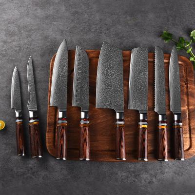 China Sustainable Luxury Japanese Kitchen Set Damascus Sharp Cleaver Slicing Meat Knife Chef Knives Set With Pakkawood for sale