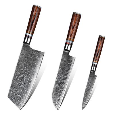 China 3 PCS Damascus Cleaver Serving Kitchen Knife High Carbon Steel Viable Knives Set Japanese Santoku Set With Gift Box for sale