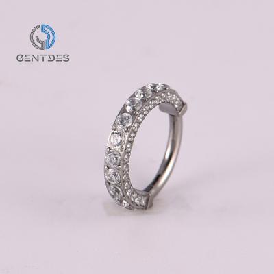 China FASHIONABLE Jewelry ASTM F136 Titanium Nose Piercing Luxury Ear Piercing Hinged Clicker Circle Segment Ring With White CZ Gems for sale