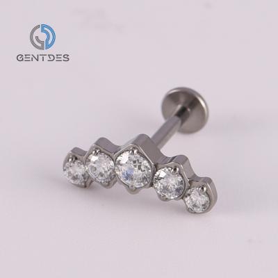 China FASHIONABLE 16G ASTM F136 Titanium Bezel Set 5 CZ Nose Ring Tragus Cartilage Labret Stud Earring Threaded Labret Internal Piercing Jewelry for sale