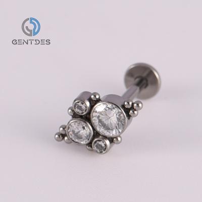 China FASHIONABLE ASTM F136 Medical Grade Titanium Internally Threaded Lip Piercing Stud With 4 White CZ Gems For Women for sale