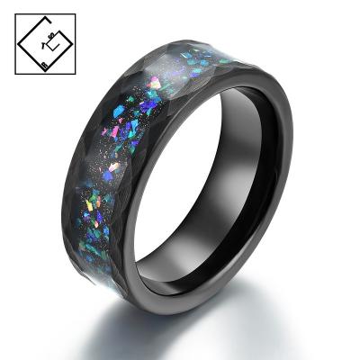 China CLASSIC ready to ship Opal Inlay Black Hammered Tungsten Wedding Ring Finger Rings for sale