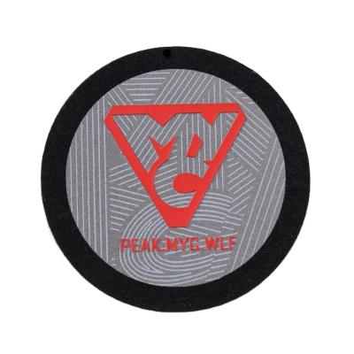 China Viable silver embossed logo print on black suede patch, high quality customized design for sale