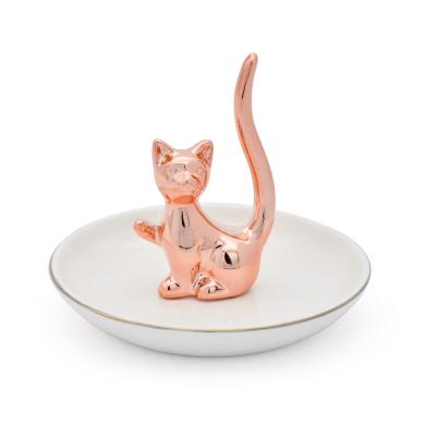 China Europe Style New Factory Custom Ceramic Gold Cat Jewelry Tray Dish Ring Holder for sale