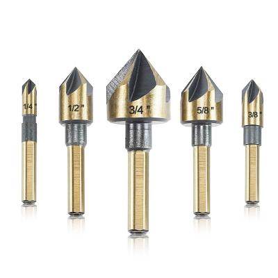 China Metal Drilling 5 Pieces High Speed Steel 82 Degree 5 Flute 6mm Round Shank Mill Cutter Countersink Drill Bit Set for sale