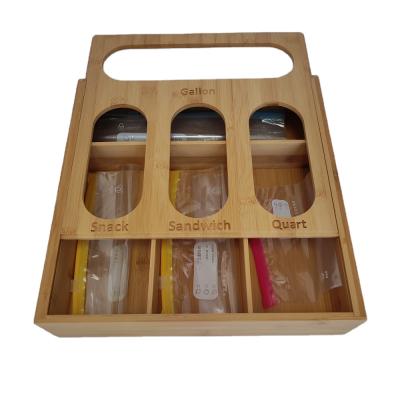 China Sustainable Sliding Bamboo Lid Bag Storage Organizer Ziplock Rack For Kitchen Drawer for sale