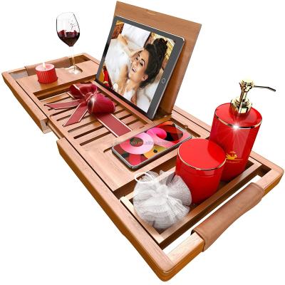 China Sustainable Bathtub Bamboo Caddy Tray Elegant Luxury With Extending Sides And Telephone for sale