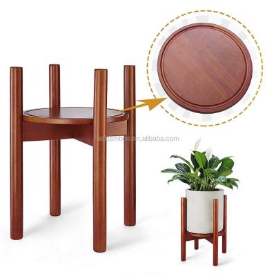 China Mid Century Home Modern Adjustable Bamboo Wooden Plant Stand With Plant Saucer for sale