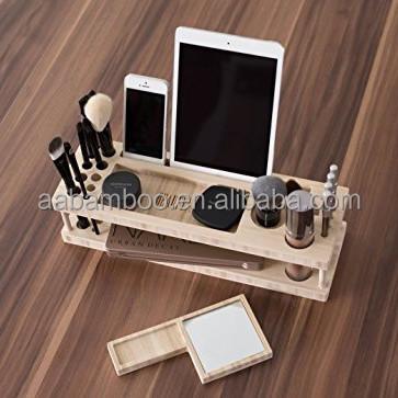 China Viable Wholesale Bamboo Cosmetic Shelf With Mirror Handmade Wooden Makeup Desk Organizer for sale