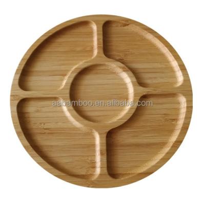 China Sustainable Bamboo Wooden Round Tray Dried Fruit Snack Serving Tray With Dividers for sale