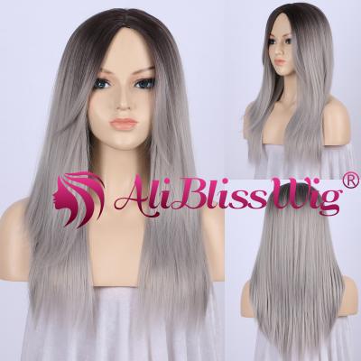 China Free Shipping High Temperatured Fiber Centigrade Wig Medium Parting Brown Two Tone Ombre Gray Machine Made Straight Roots Up To 160 No Lace Up Synthetic Natural Scalp Wig for sale