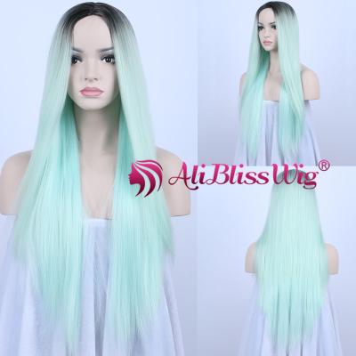 China High Temperatured Fiber Heat Resistant Up To Synthetic Hair Long Straight Two Tone Wig 160 Centigrade Overnight Delivery Ombre Light Green Machine Made Full Wig 100% Modacrylic Fiber for sale