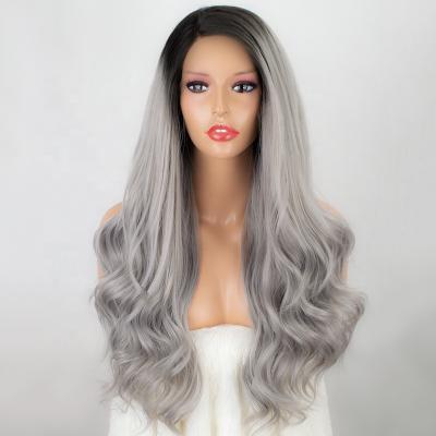 China Heat Resistant Fiber Hair Synthetic Lace Front Wigs For Color Women Natural Wavy Lace Wig Heat Dark Roots Ombre Gray Synthetic Lace Front Wig Fiber Friendly Hair for sale