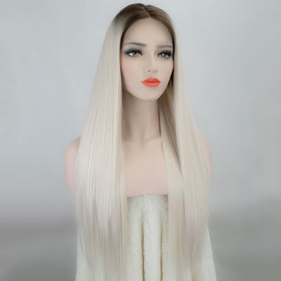 China Heat Resistant Fiber Hair Synthetic Lace Front Wigs For Color Women 150% Density Lace Wig Heat Friendly Fiber Hair Ombre Blonde Straight Long Synthetic Lace Front Wig for sale