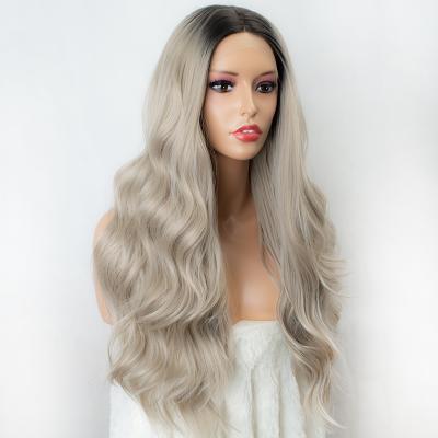 China Synthetic Lace Front Wigs Heat Resistant Fiber Hair For Color Women's 200% Density High Density Lace Wig Ombre Gray Long Wavy Curly Synthetic Fiber Hair Lace Front Wig for sale