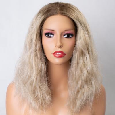 China Heat Resistant Fiber Hair Synthetic Lace Front Wigs For Ombre Hair Short Straight Dark Blonde Curly Roots Synthetic Lace Front Wig Heat OK Color Women Lace Front Wig for sale