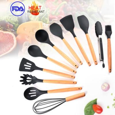 China Viable 11Pcs Wooden Beech Handle Cutlery Silicone Accessories Cookware Set Cooking Tools Kitchen Tableware Kitchen Utensils for sale