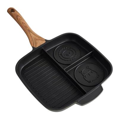 China Amazon Sustainable Hot Wood Handle Animal Face Designs Non Frying Square Pancake Induction Cookware Stick Pan Frying Pans and Pans Support for sale