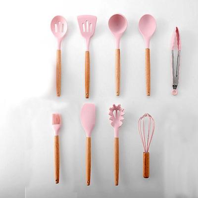 China Sustainable 9pcs Kitchen Accessories Silicone Pink Cookware Set Cooking Tools Kitchenware Kitchen Utensils for sale