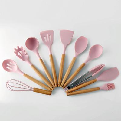 China Sustainable 11pcs Kitchen Accessories Silicone Pink Cookware Set Cooking Tools Kitchen Tableware Kitchen Utensils for sale