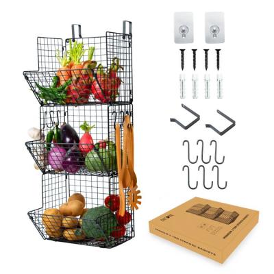 China 3 Tier Black Iron Traditional Kitchen Fruit Metal Hanging Mesh Storage Wire Basket Shelves for sale