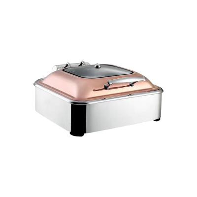 China Customized LOGO And Cheeky Modern Good Quality Ss304 Chafing Dish Stainless Steel Food Warmer Buffet With Glass Cover for sale