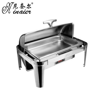 China Customized LOGO and Factory Price Cylinder Desktop Catering Food Heater Modern Server Stainless Steel Chafing Dish Wedding Buffet for sale