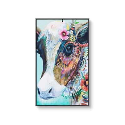 China High Resolution Custom Flower and Cow Art Wall Decorative Painting PS Frame Canvas Animal for sale