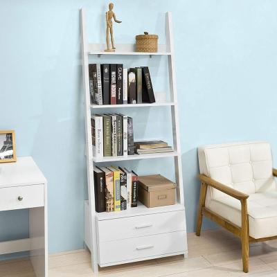 China Eco-friendly White Wall Mounted Ladder Storage Shelf Bookcase Storage Display Shelving Unit with 3 Shelves and 2 Drawer Shelf for sale