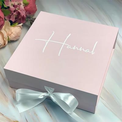 China Recycled Materials Customize Logo Printed Pink Paper Flat Rigid Package Box With Ribbon Clothes Cosmetic Shoe Packaging Magnetic Folding Gift Box for sale