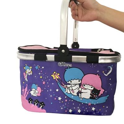 China Mini Pink Lunch Bag Insulated Lightweight Folding Thermal Picnic Basket for Kids with Sublimation Printing and Steel Handle for sale