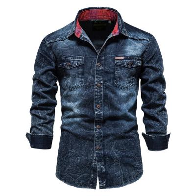 China Sustainable Autumn New Men Denim Shirt Washed Edge Trend Vintage Cotton Long-Sleeved Shirt for sale