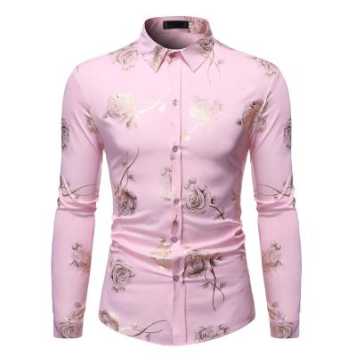 China Sustainable Retro Design Men Hot Gold Print Shirt Slim Long Sleeve Male Shirt for sale