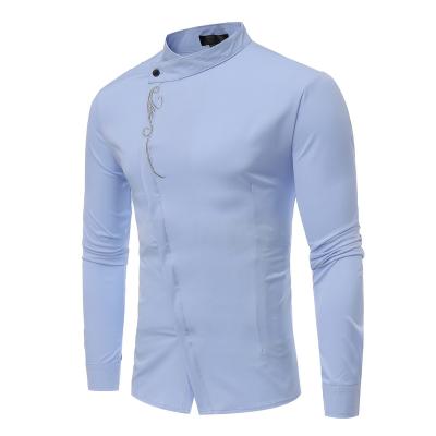 China Sustainable New Fashion Front Embroidery Decoration Men Solid Color Single Breasted Long Sleeved Shirt for sale