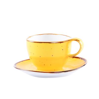 China Sustainable Cheap Colorful Glazed Ceramic Cappuccino 250ml Coffee Tea Cup With Saucer Set for sale