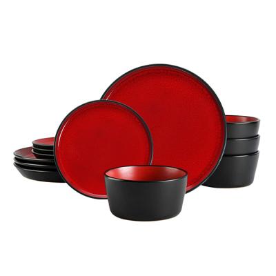 China Sustainable Hand Painted Red Black Glazed Porcelain 12 Piece Retro Dinner Dish Dishes Bowls Set Ceramic Dinnerware for sale