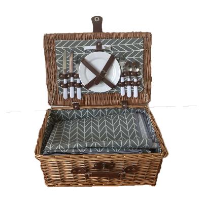 China Hot Sale Woven Willow Picnic Basket With Lid Cover Tableware Viable For Camping for sale